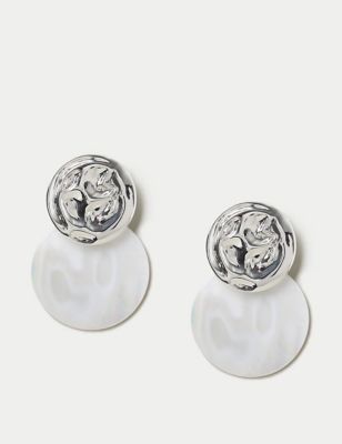 M&S Womens Silver Tone MOP Round Disc Earrings - White, White