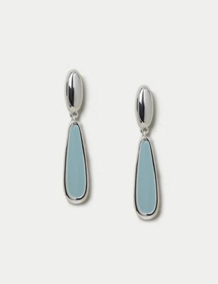 M&S Womens Silver Tone Enamel Drop Earrings - Blue, Blue