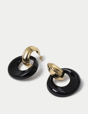 M&S Womens Gold & Black Round Drop Earrings, Gold