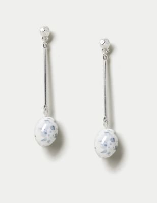 M&S Women's Silver Tone Marble Drop Bead Earrings - White, White