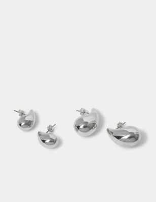 M&S Women's 2 Pack Silver Tone Dome Tear Drop Earrings, Silver,Gold