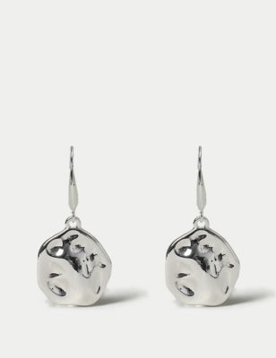M&S Womens Silver Tone Hammered Drop Earrings, Silver