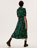 Floral High Neck Shirred Midi Waisted Dress