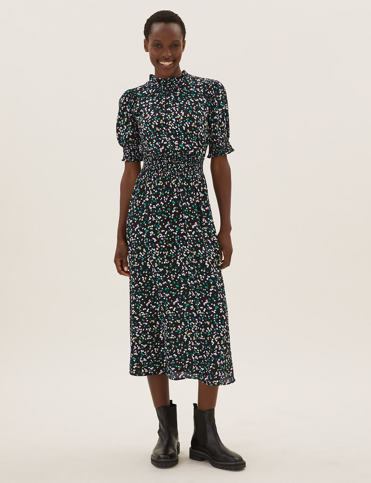 Floral High Neck Shirred Midi Waisted Dress