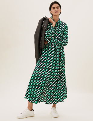 

M&S Collection Vestido camisero maxi a media pierna con lazo delantero y diseño geométricoWomens - Green Mix, Green Mix