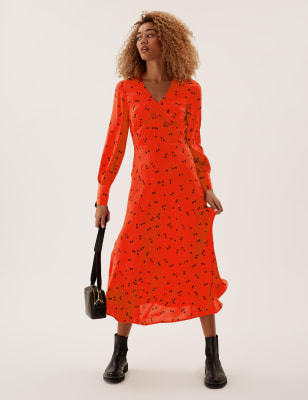 

Womens M&S Collection Polka Dot Ruched V-neck Midi Dress - Red Mix, Red Mix