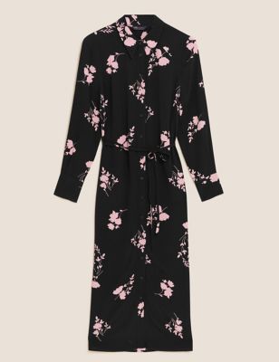 M&S Womens Floral Long Sleeve Midi Shirt Dress