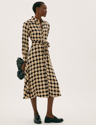

Womens M&S Collection Midi-Shirtkleid mit Punktmuster und Gürtel - Beige Mix, Beige Mix