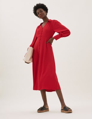 

Womens M&S Collection V-Neck Button Through Midi Shirt Dress - Red, Red