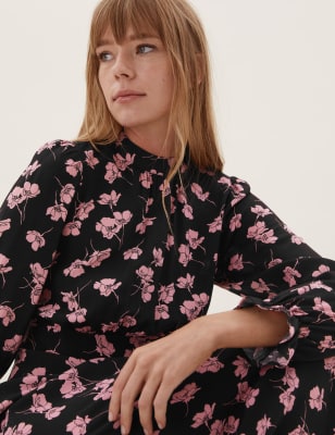 

Womens M&S Collection Geblümtes Midi-Teekleid mit hohem Ausschnitt - Pink Mix, Pink Mix