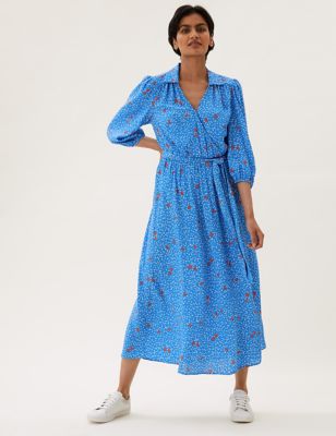 

Womens M&S Collection Floral Puff Sleeve Midi Wrap Dress - Blue Mix, Blue Mix