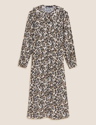 M&S Womens Animal Print Collared Midi Shirt Dress