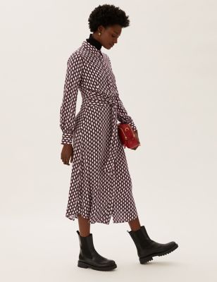 

Womens M&S Collection Geometric Tie Front Midaxi Shirt Dress - Burgundy Mix, Burgundy Mix