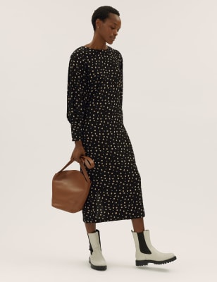 

Womens M&S Collection Schmales Midikleid mit Blousonärmeln und Muster - Black Mix, Black Mix