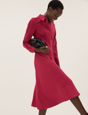

Womens M&S Collection Lace Insert Midi Shirt Dress - Pink, Pink