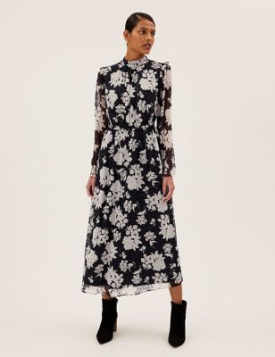 

Womens M&S Collection Floral High Neck Midi Waisted Dress - Black Mix, Black Mix