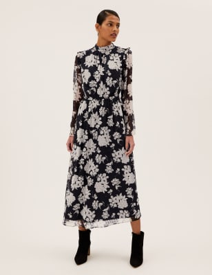 

M&S Collection Vestido floral a media pierna a la cintura con cuello altoWomens - Black Mix, Black Mix