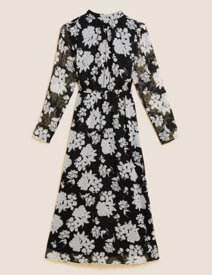 M&S Womens Floral High Neck Midi Waisted Dress