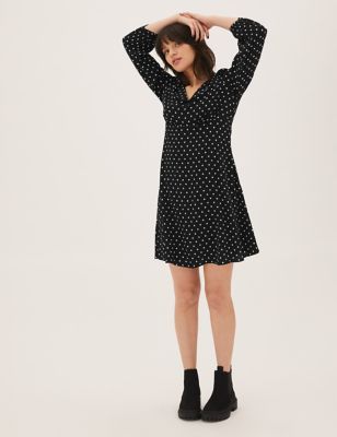 

Womens M&S Collection Petite Polka Dot Knee Length Tea Dress - Black Mix, Black Mix