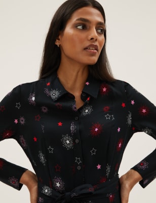 

M&S Collection Vestido camisero a media pierna con estampado de estrellas con cinturónWomens - Black Mix, Black Mix
