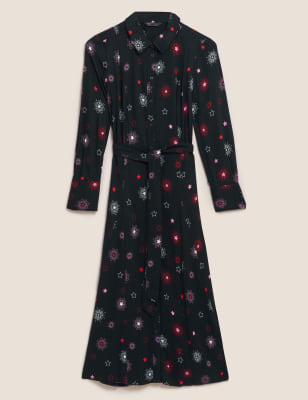 

Womens M&S Collection Midi-Shirtkleid mit Sternmuster und Gürtel - Black Mix, Black Mix