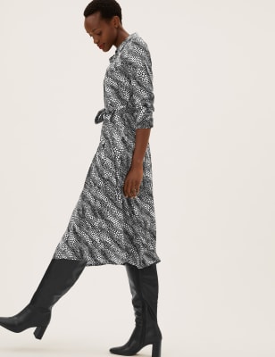

M&S Collection Vestido camisero a media pierna con diseño geométrico y cinturónWomens - Black Mix, Black Mix