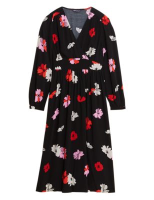M&S Womens Petite Floral V-Neck Midi Tea Dress