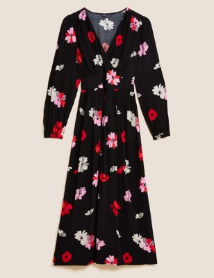 M&S Womens Floral V-Neck Midi Tea Dress