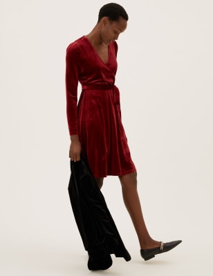 

Womens M&S Collection Velvet V-Neck Knee Length Wrap Dress - Red, Red