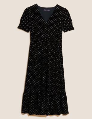 M&S Womens Petite Velvet Midi Waisted Dress