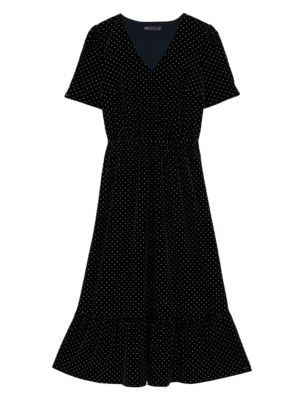 M&S Womens Velvet Puff Sleeve Midi Waisted Dress