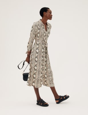 

M&S Collection Vestido camisero a media pierna con estampado animal con cinturónWomens - Natural Mix, Natural Mix