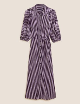 M&S Womens Geometric Print Collared Midi Shirt Dress