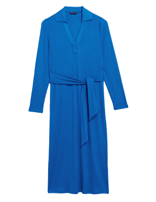 

Womens M&S Collection Ribbed V-Neck Tie Front Midi Column Dress - Bright Blue, Bright Blue