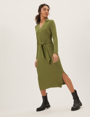 

Womens M&S Collection Ribbed V-Neck Tie Front Midi Column Dress - Khaki, Khaki