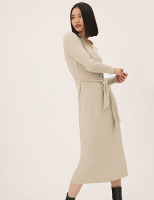 

M&S Collection Vestido columna a media pierna acanalado de escote en pico con lazo en la parte delanteraWomens - Camel, Camel