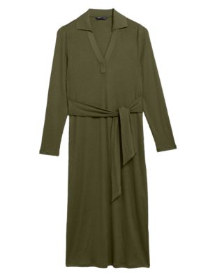 

Womens M&S Collection Ribbed V-Neck Tie Front Midi Column Dress - Hunter Green, Hunter Green