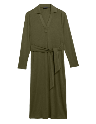 

M&S Collection Vestido columna a media pierna acanalado de escote en pico con lazo en la parte delanteraWomens - Hunter Green, Hunter Green