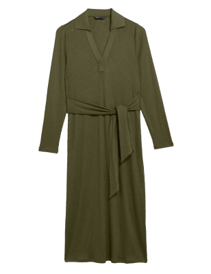 

Womens M&S Collection Ribbed V-Neck Tie Front Midi Column Dress - Hunter Green, Hunter Green