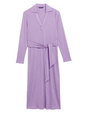 

Womens M&S Collection Ribbed V-Neck Tie Front Midi Column Dress - Dusted Lilac, Dusted Lilac