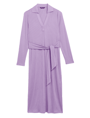 

Womens M&S Collection Schmales Midi-Rippkleid mit V-Ausschnitt und Bindedetail vorn - Dusted Lilac, Dusted Lilac