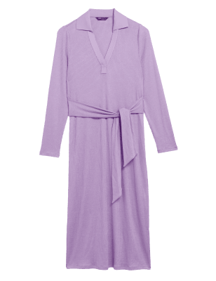 

Womens M&S Collection Ribbed V-Neck Tie Front Midi Column Dress - Dusted Lilac, Dusted Lilac