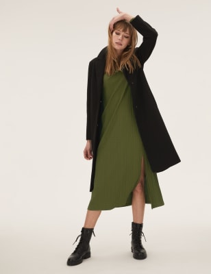 

Womens M&S Collection Schmales Jersey-Midikleid mit Rippenmuster - Khaki, Khaki