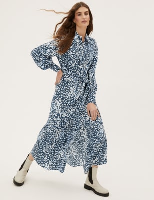 

Womens M&S Collection Animal Print Tie Front Midaxi Shirt Dress - Blue Mix, Blue Mix