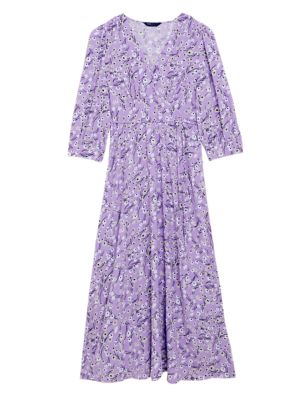 Womens M&S Collection Floral V-Neck Button Detail Midi Tea Dress - Lilac Mix