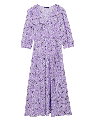 Womens M&S Collection Floral V-Neck Button Detail Midi Tea Dress - Lilac Mix