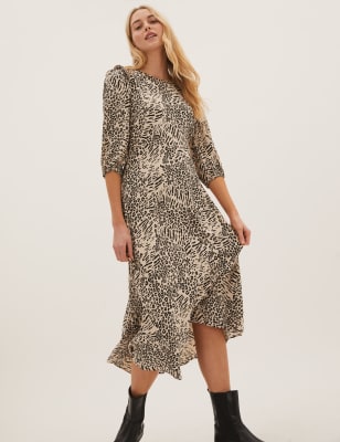 

M&S Collection Vestido de tarde maxi a media pierna con estampado animal y manga con volanteWomens - Natural Mix, Natural Mix