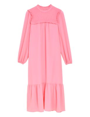 Womens M&S Collection Shirred Frill Detail Midi Smock Dress - Pink