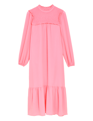 

Womens M&S Collection Shirred Frill Detail Midi Smock Dress - Pink, Pink