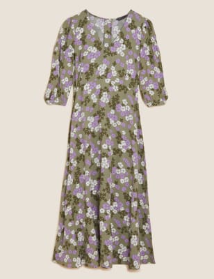 

Womens M&S Collection Geblümtes Midi-Teekleid mit Puffärmeln und V-Ausschnitt - Multi, Multi